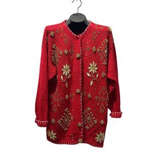 Victoria Women Red Christmas Vintage Knit Gold Beaded Cardigan Size 1X